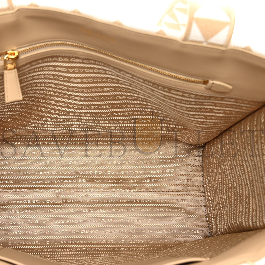 PRADA FABRIC EMBROIDERED SAFFIANO LARGE SYMBOLE TOTE BLACK BEIGE (43*31*20cm) PRADA FABRIC EMBROIDERED SAFFIANO LARGE SYMBOLE TOTE BLACK BEIGE (43*31*20cm)