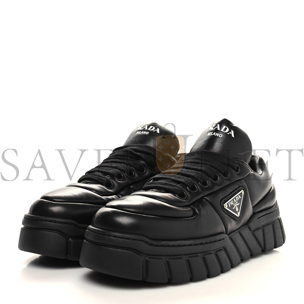 PRADA NAPPA SOFT METAL TRIANGLE LOGO WOMENS PADDED 30MM SNEAKERS 36.5 BLACK