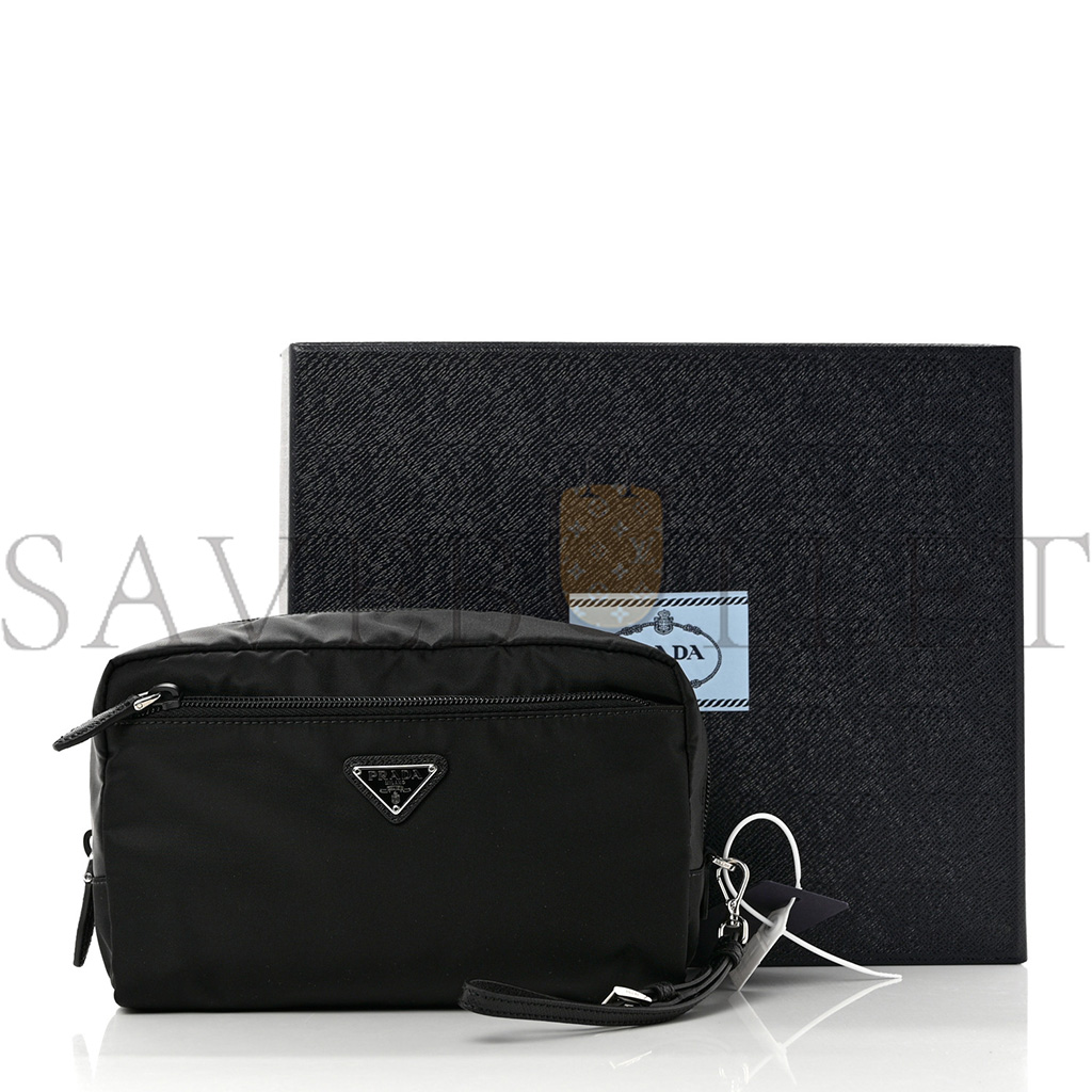 PRADA RE-NYLON SAFFIANO POUCH WRISTLET BLACK (25*13*11cm) PRADA RE-NYLON SAFFIANO POUCH WRISTLET BLACK (25*13*11cm)