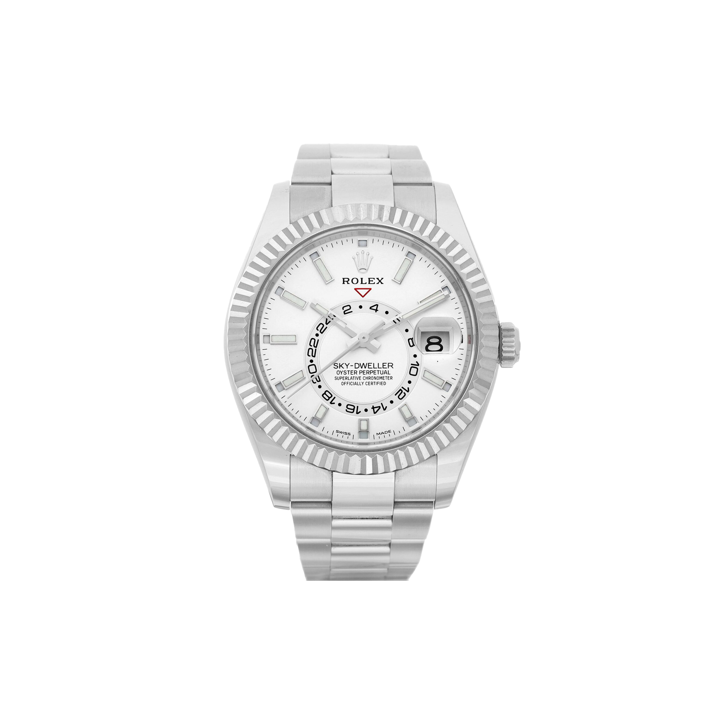 ROLEX SKY-DWELLER STAINLESS STEEL ANNUAL CALENDAR DUAL TIME ZONE WRISTWATCH WITH WHITE GOLD 326934