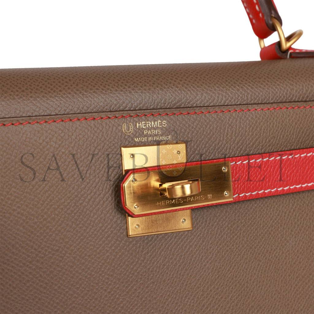 HERMES SPECIAL ORDER (HSS) KELLY SELLIER 28 ETOUPE AND ROUGE TOMATE EPSOM BRUSHED GOLD HARDWARE (28*22*10cm)