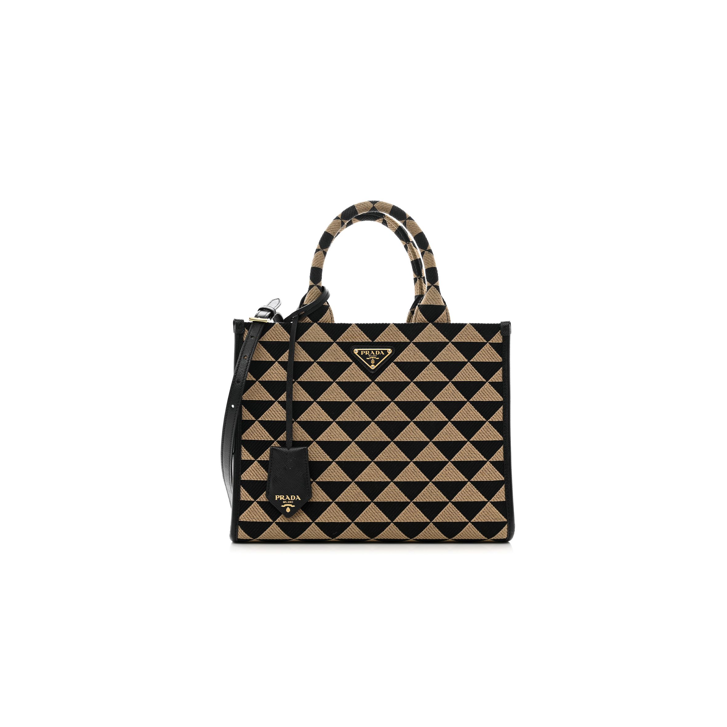 PRADA JACQUARD SAFFIANO TRIANGOLO SYMBOLE EMBROIDERED SMALL TOTE BLACK CORDA (29*22*9cm) PRADA JACQUARD SAFFIANO TRIANGOLO SYMBOLE EMBROIDERED SMALL TOTE BLACK CORDA (29*22*9cm)