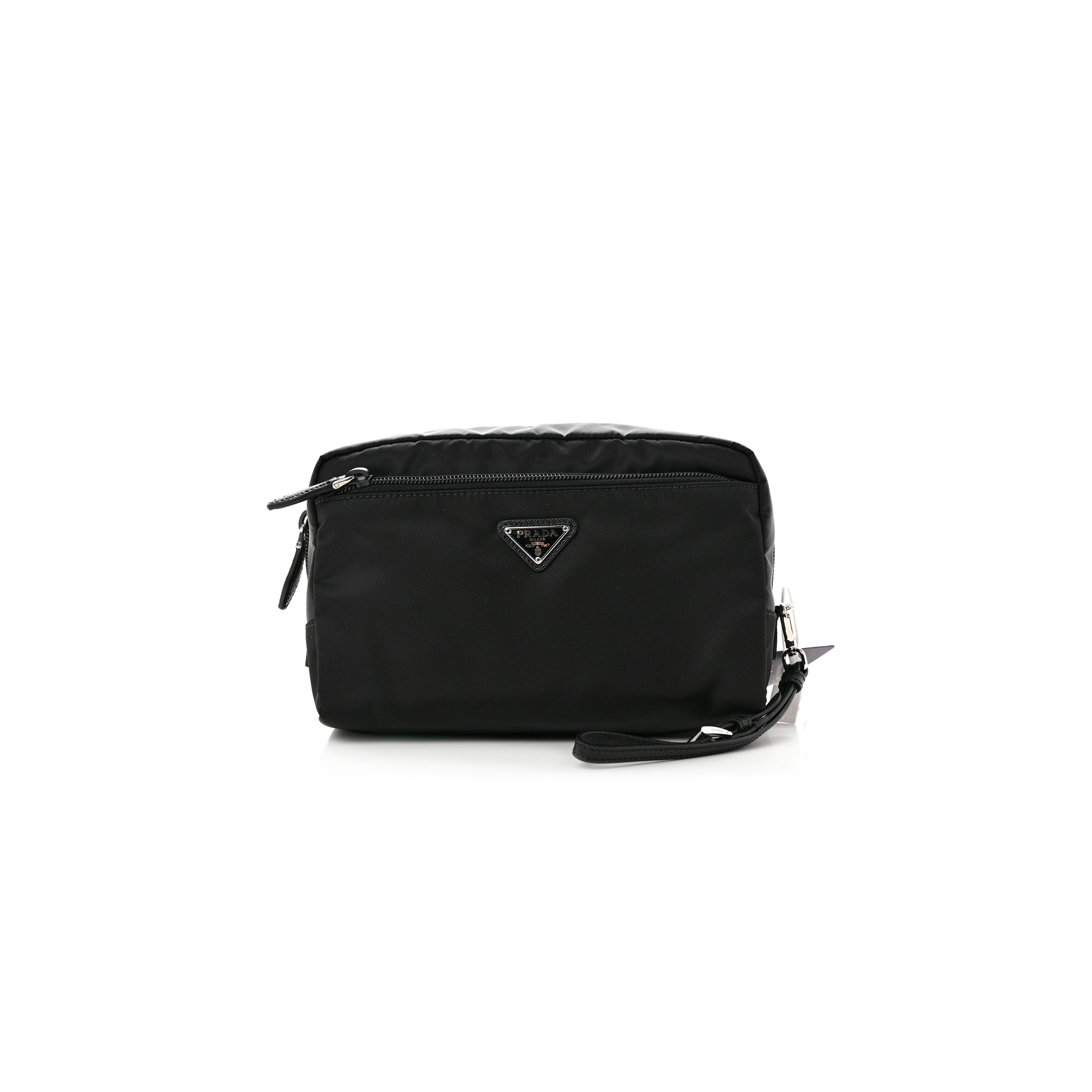 PRADA RE-NYLON SAFFIANO POUCH WRISTLET BLACK (25*13*11cm) PRADA RE-NYLON SAFFIANO POUCH WRISTLET BLACK (25*13*11cm)