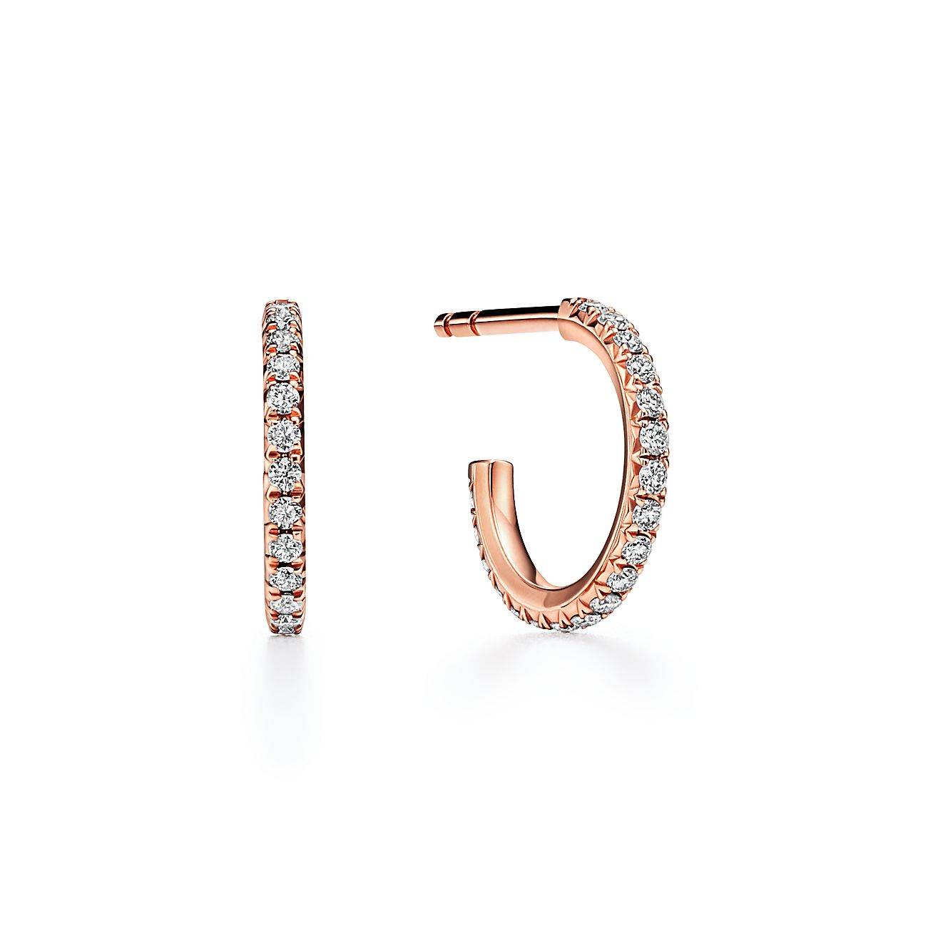 TIFFANY METRO HOOP EARRINGS IN ROSE GOLD WITH DIAMONDS, SMALL