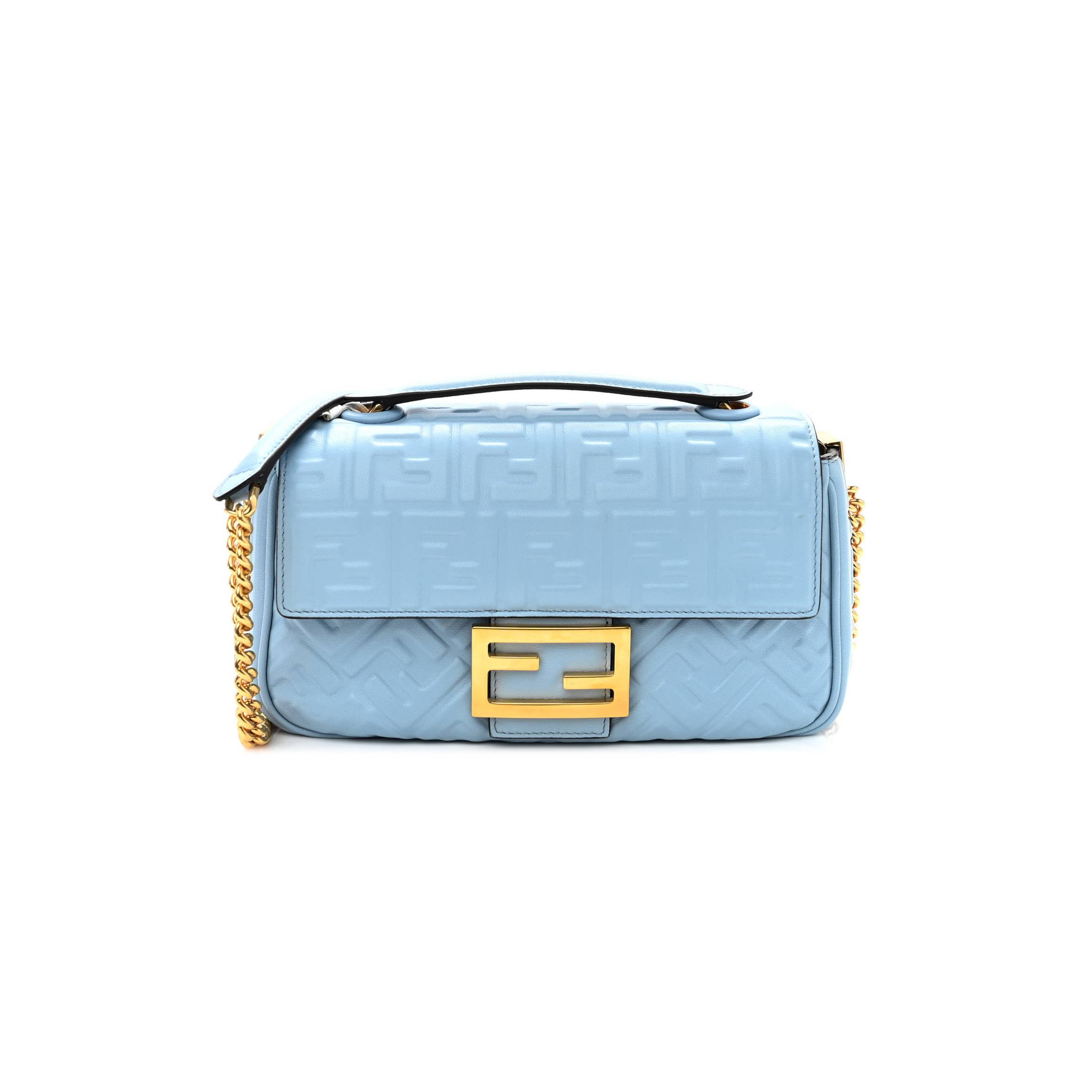 FENDI NAPPA SMALL FF EMBOSSED MIDI CHAIN BAGUETTE AZZURRO BABY (32*26*10cm)