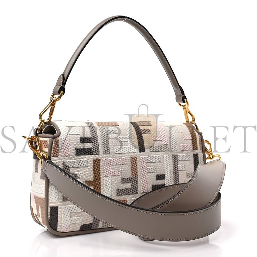 FENDI CANVAS VITELLO SETA FF MULTICOLOR EMBROIDERED BAGUETTE GREZZO MULTICOLOR TORTORA (28*16*6cm)