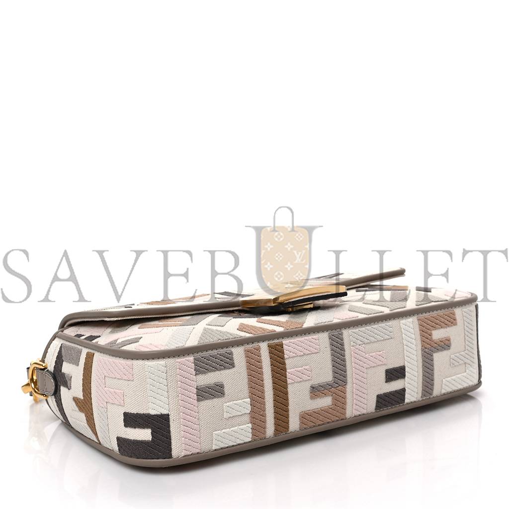 FENDI CANVAS VITELLO SETA FF MULTICOLOR EMBROIDERED BAGUETTE GREZZO MULTICOLOR TORTORA (28*16*6cm)